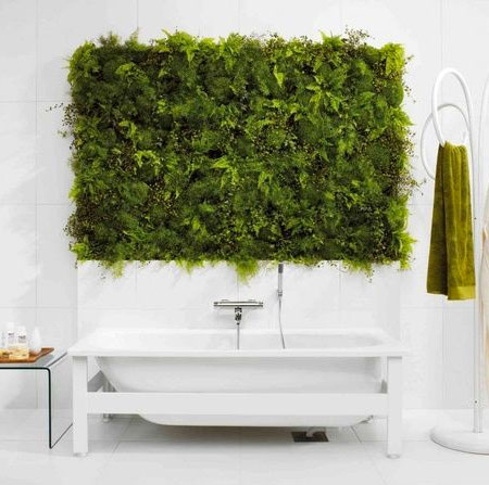 Living Wall with Faux Plants Above Bathtub