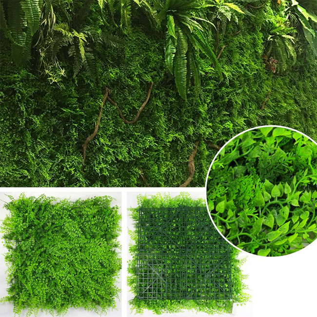 Living Wall Panel Kit with Fern and Boxwood to Create a Faux Vertical Garden with Artificial Plants in Your Bathroom